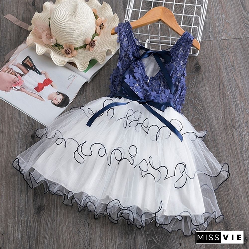 Girl's Fashion Backless Dress Appliques Flower Clothes Layered Mesh Princess Dress for Summer Beach Casual Wear 2 Styles