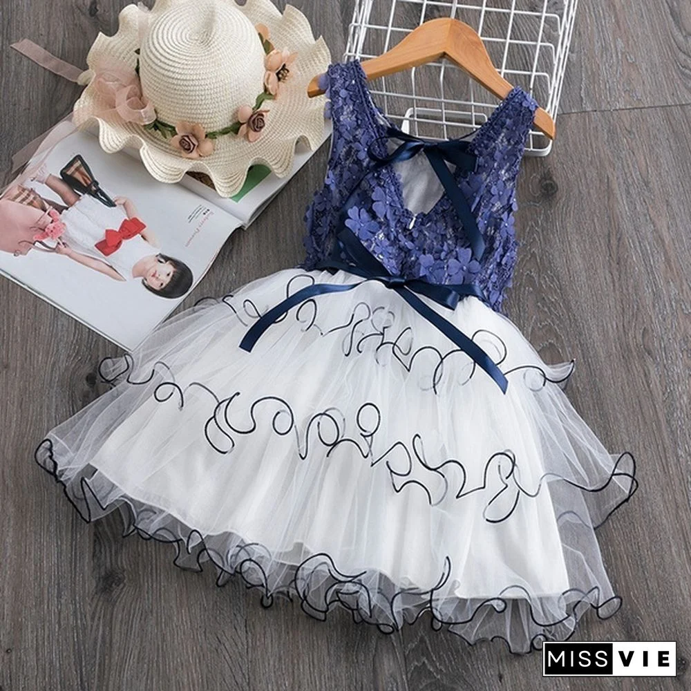 Girl's Fashion Backless Dress Appliques Flower Clothes Layered Mesh Princess Dress for Summer Beach Casual Wear 2 Styles