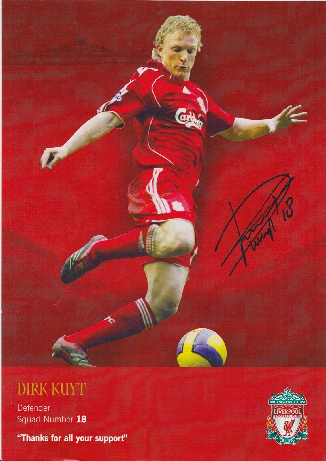 Dirk Kuyt Pre Printed Autograph Official Liverpool Card - Football.