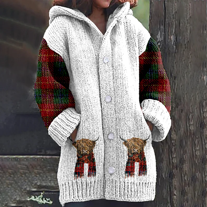Plaid With Highland Cow Print Cozy Cardigan Sweater