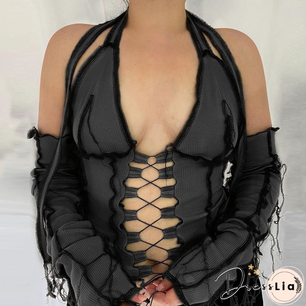 Backless Halter Ribbed Tie Front Top Women Long Sleeve Hollow Out Lace Up T Shirts Patchwork Sexy Hot Bodycon Crop Top