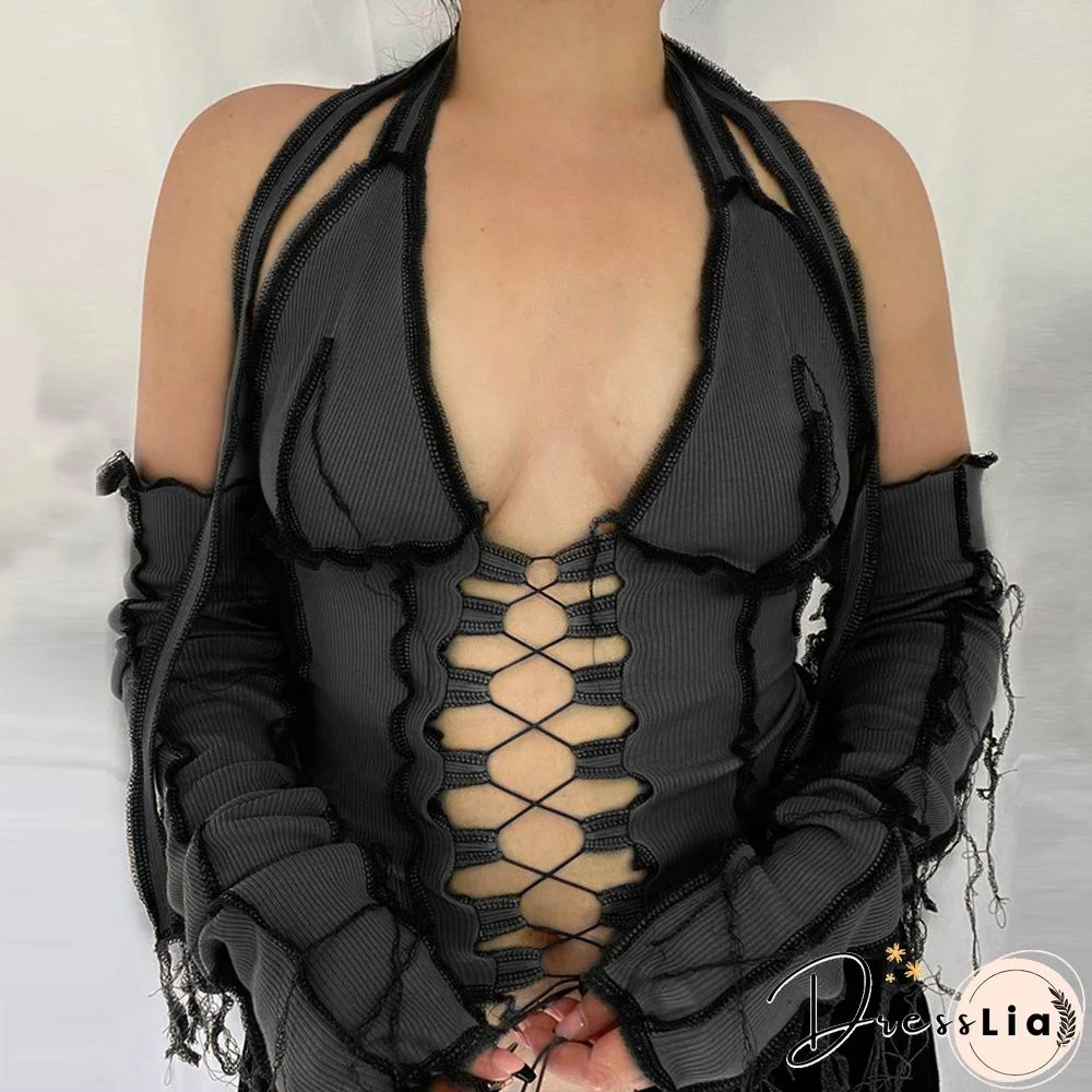 Backless Halter Ribbed Tie Front Top Women Long Sleeve Hollow Out Lace Up T Shirts Patchwork Sexy Hot Bodycon Crop Top