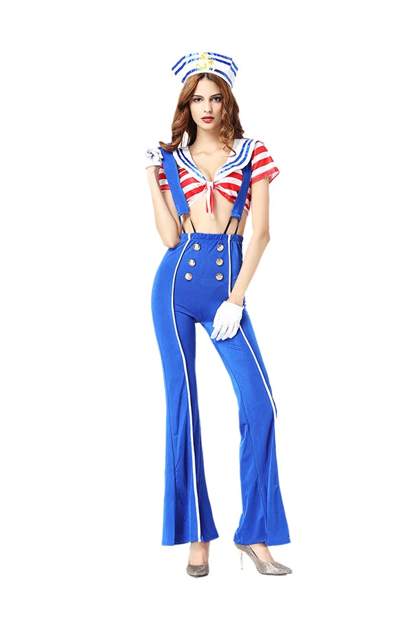 Womens Sexy Cute Crop Top Suspenders Halloween Sailor Costume Blue-elleschic