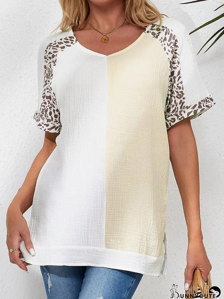 White Color Block Patchwork Leopard Trim Cotton Blouse