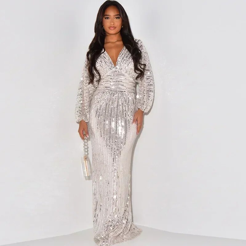 Silver Sequin Party Dresses Women Deep V Neck Long Sleeve Empire Floor Length Sparkly Cocktail Prom Evening Gowns Fall 2024