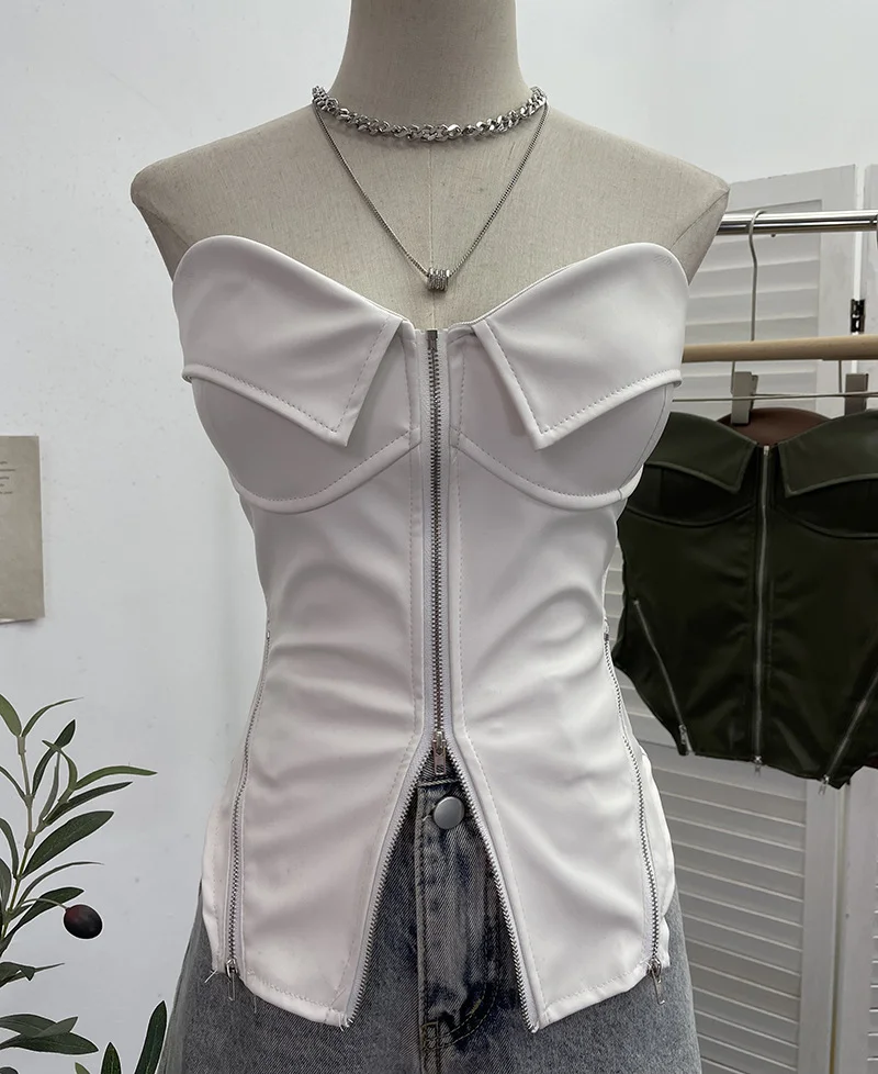 Uveng Real Shooting Hottie Retro Tender With Chest Pad Wrapped Bra Zipper Design Smear Bra Vest Short Sleeveless Top 8968