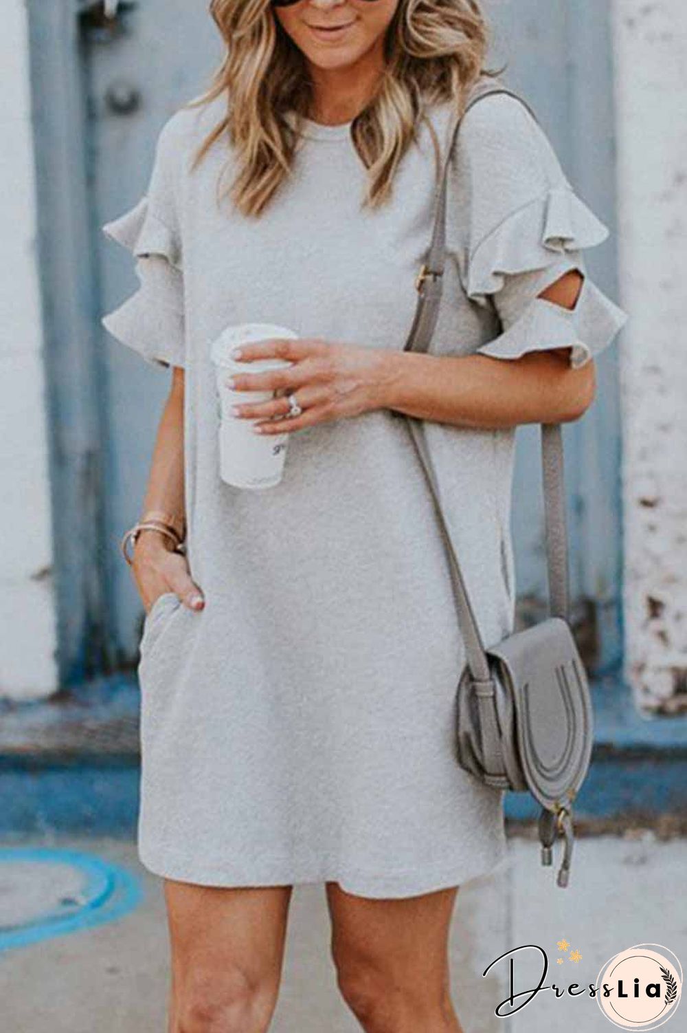 Solid Color O-Neck Ruffle Mini Dress