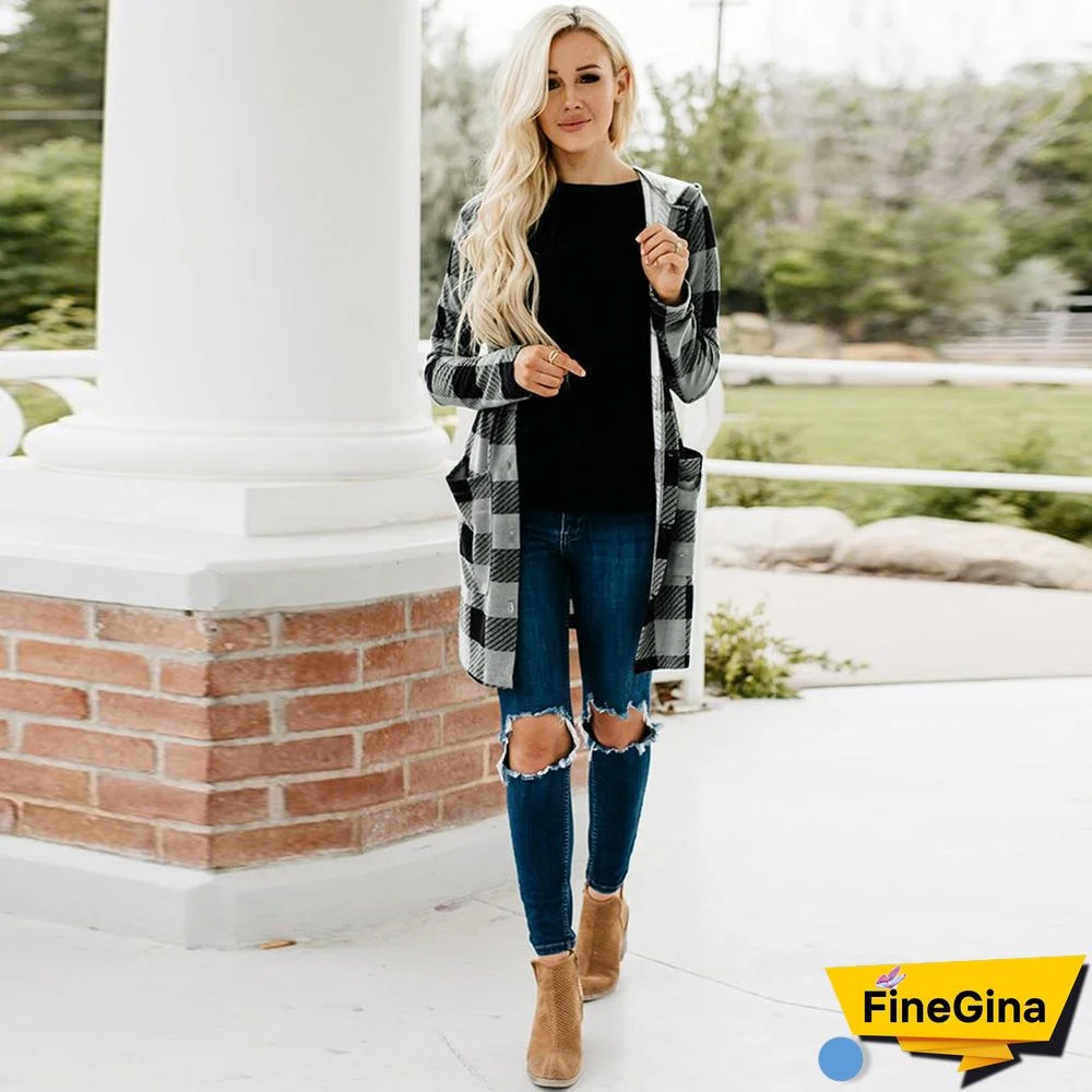 Long Sleeve Button Down Tartan Plaid Hoodie Front Pockets