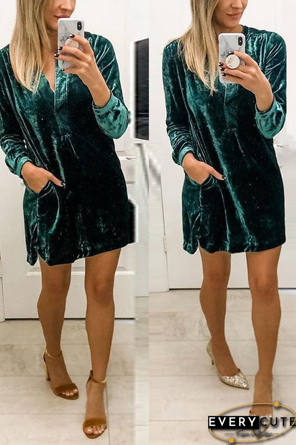V Neck Pockets Velvet Shirt Dress