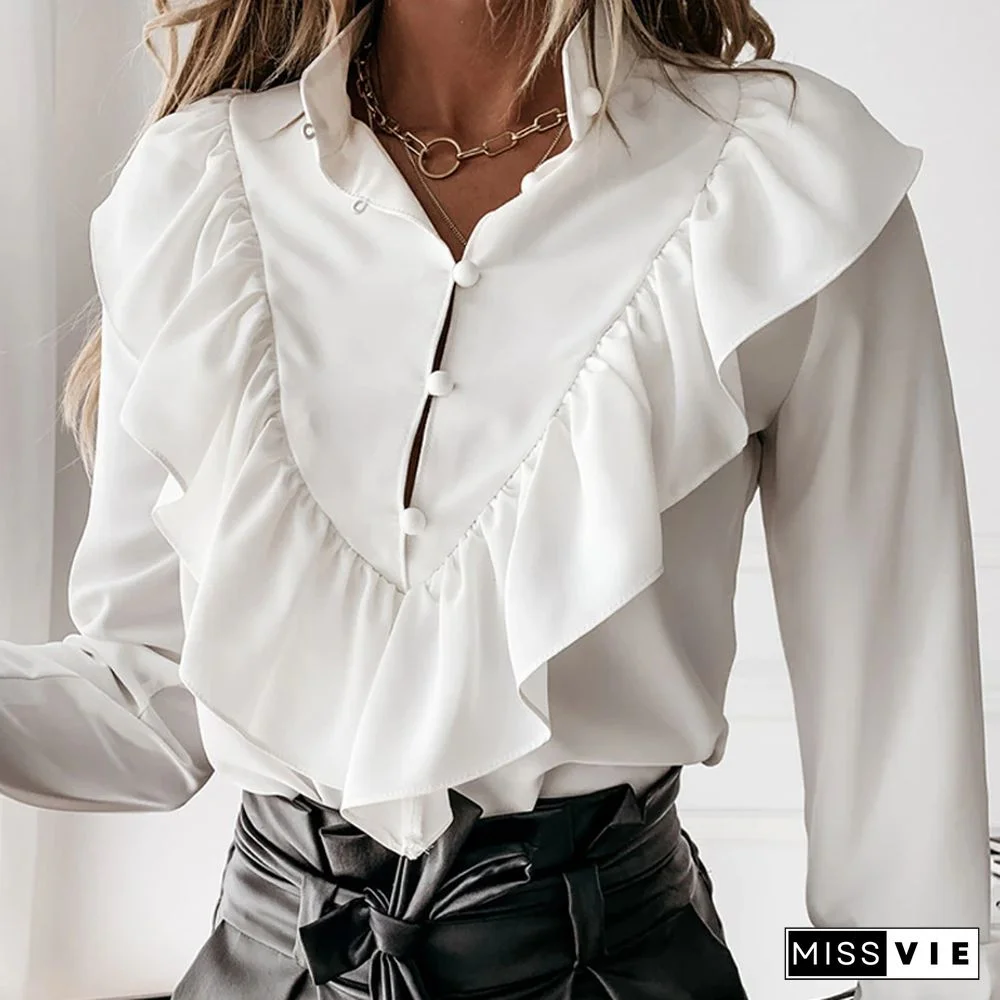 Women Autumn Long Sleeve V-Neck Pullover Tops Polka Dot Ruffle Blouse Shirts