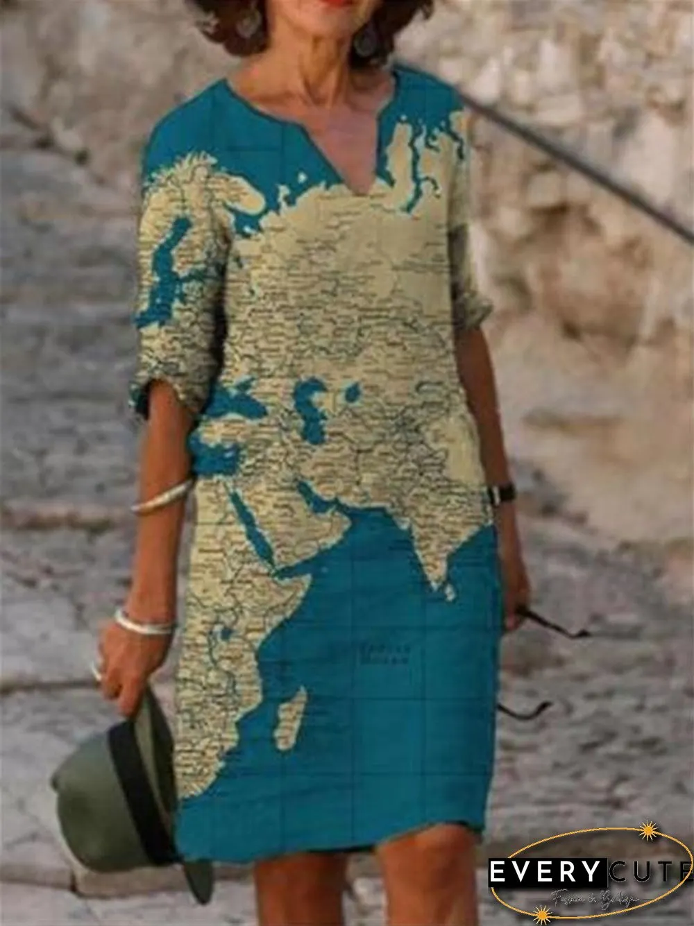 Half Sleeve Earth Printed V-Neck Dress
