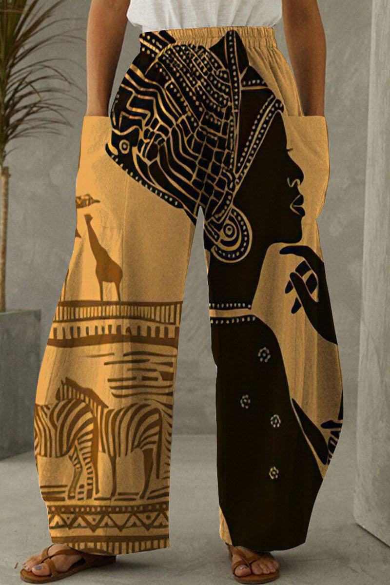 Casual Print Pocket Loose Straight Full Print Bottoms