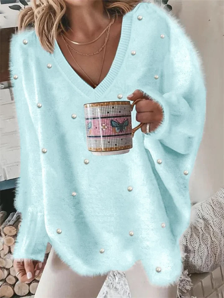 Autumn and Winter New Explosive Models V-neck Beaded Solid Color Sweater Women's Tops-JRSEE