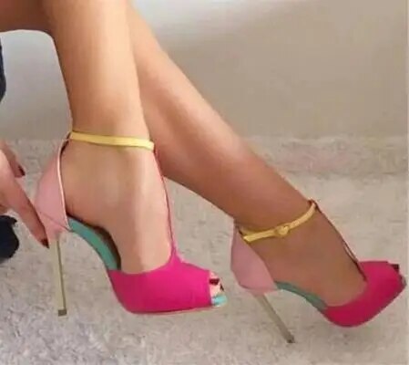 VCSHOES Peep Toe T Strap Cover Heel Thin High Heels Party Dress Sandals Women 120 Mm Ankle Buckle Pumps Shoes Lady