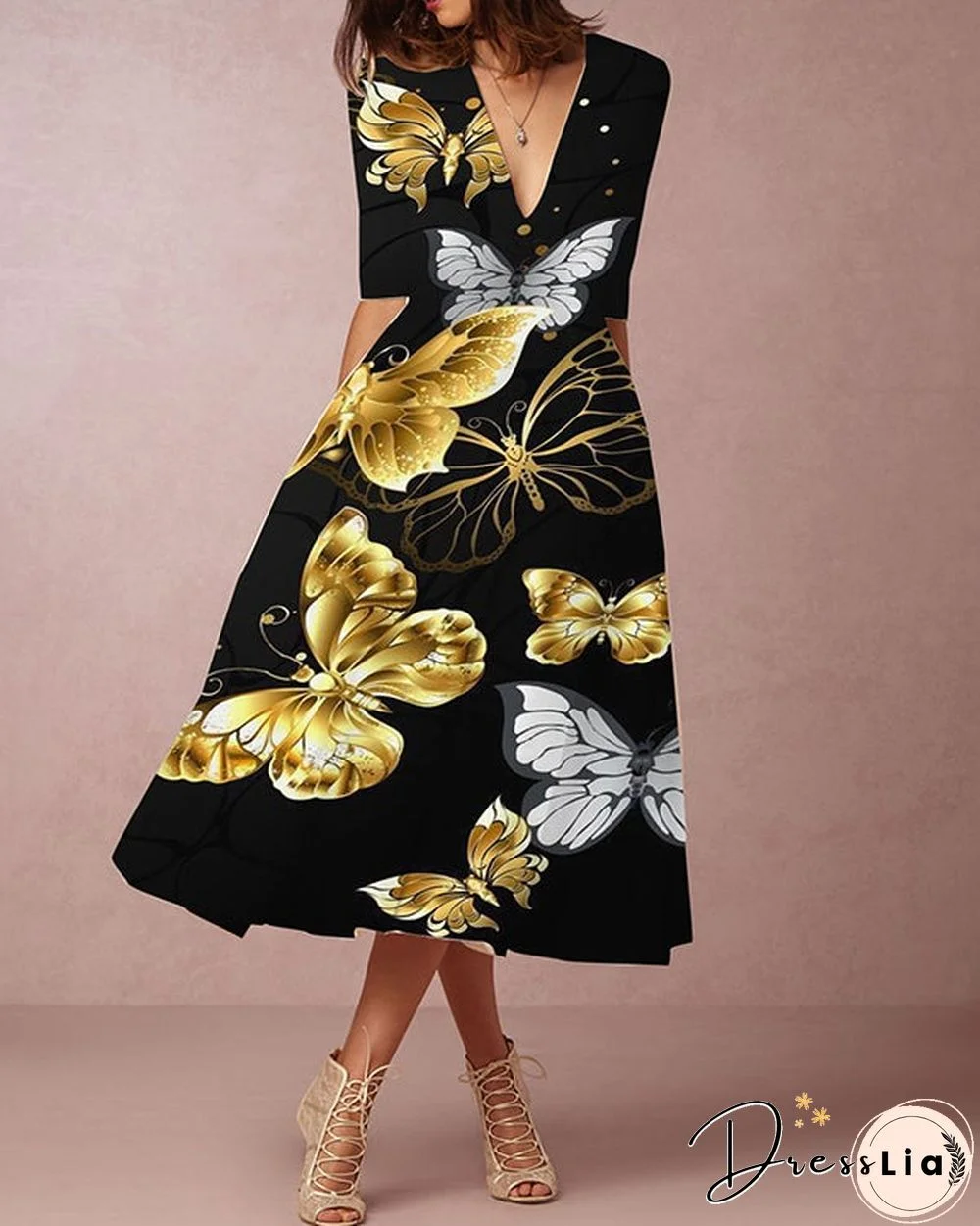 Sexy Butterfly Print V-neck Dress S-3XL