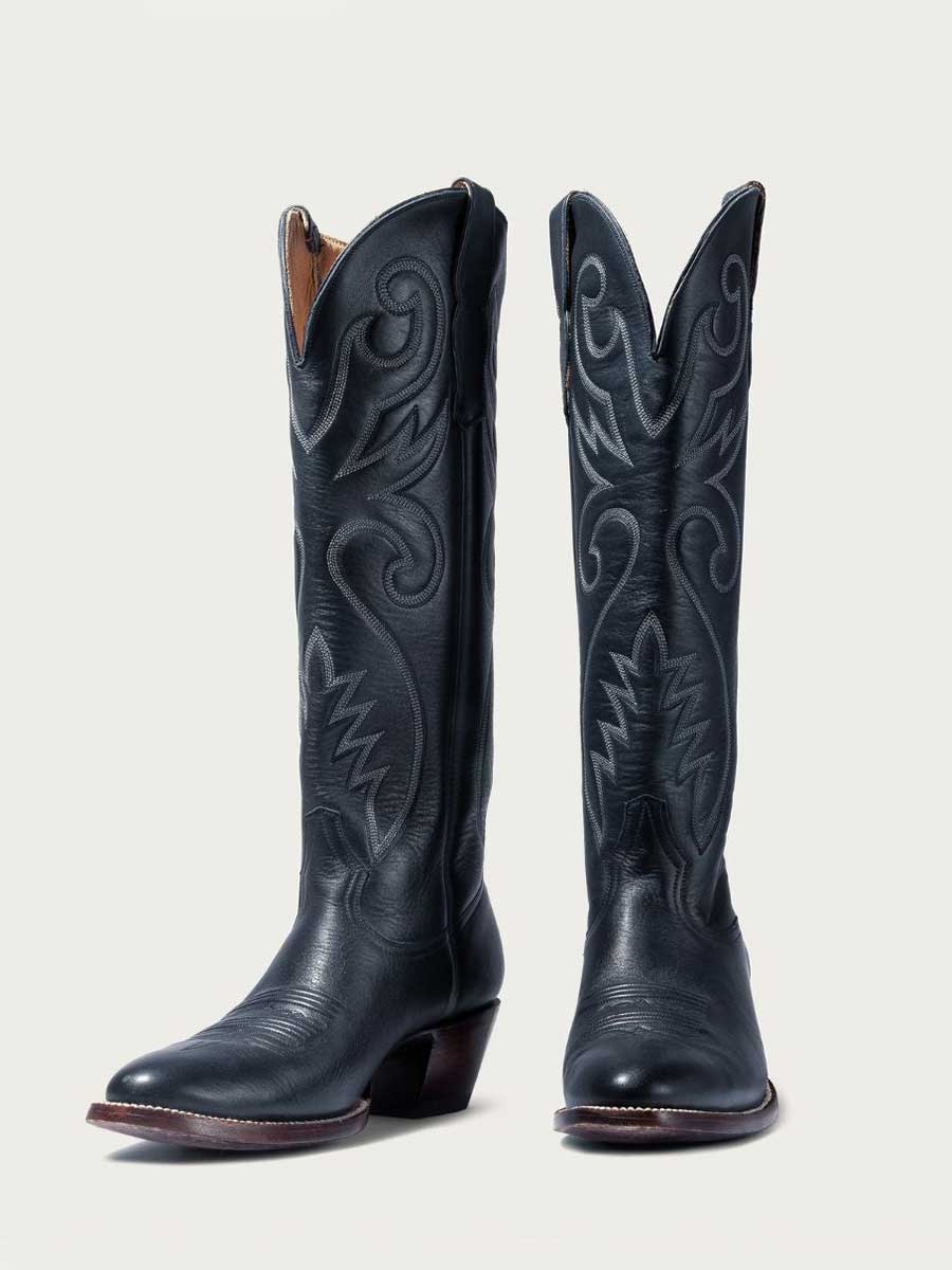 Black Vegan Leather Sophisticated Embroidered Wide Calf Knee High Cowboy Boots