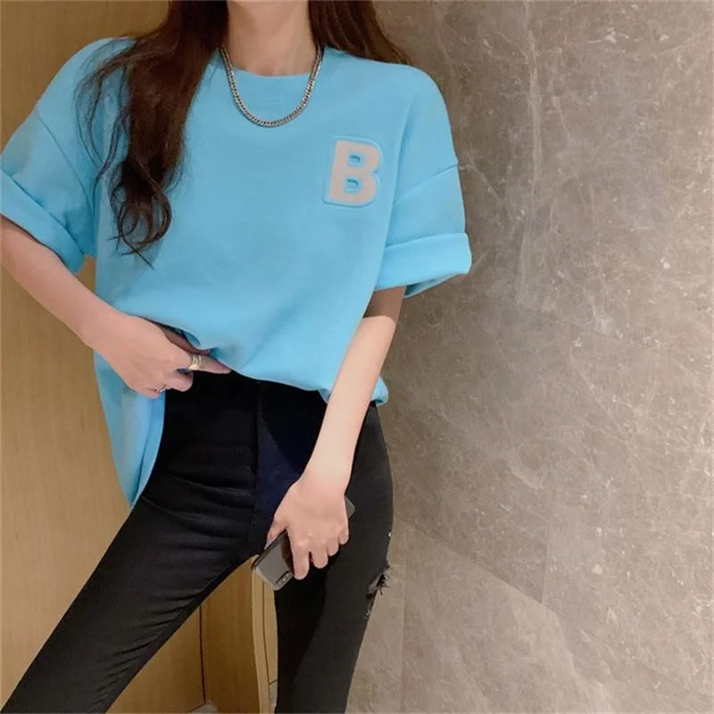 Korean Style Oversized Summer T Shirt For Women 2021 Casual Cotton U Letter Print Tops Streetwear Harajuku Short Sleeve Tshirt