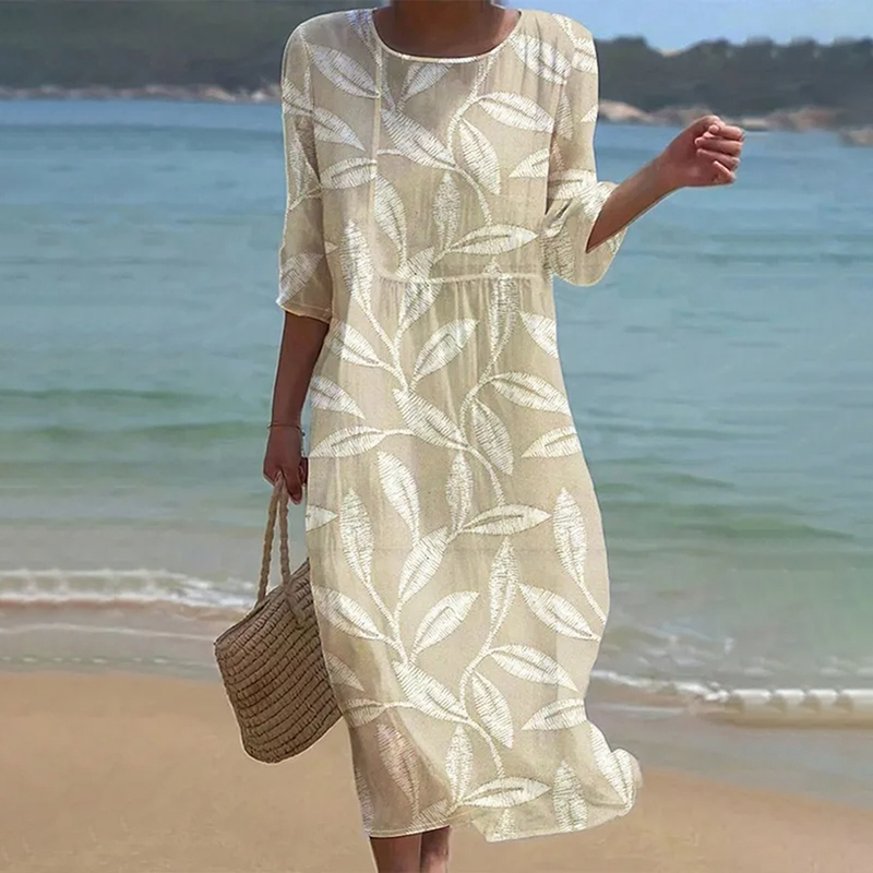 Comstylish Women's Leaf Print Linen Blend Midi Dress