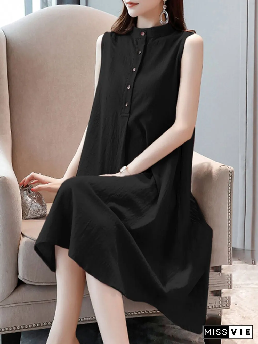 Solid Stand Collar Button Sleeveless Dress For Women