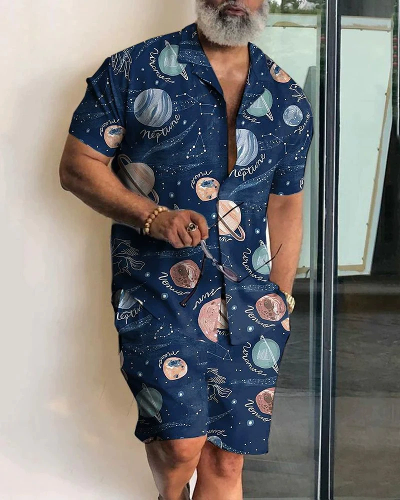 Men's Classic Casual Striped Digital Print Cuban Collar Shirt Shorts Two-Piece Set