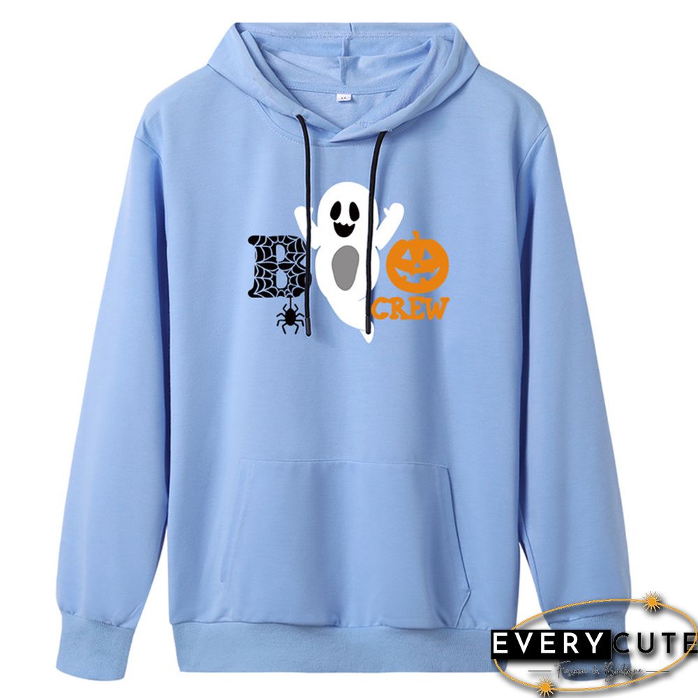 Light Blue Cotton Blend Boo Print Pullover Hoodie