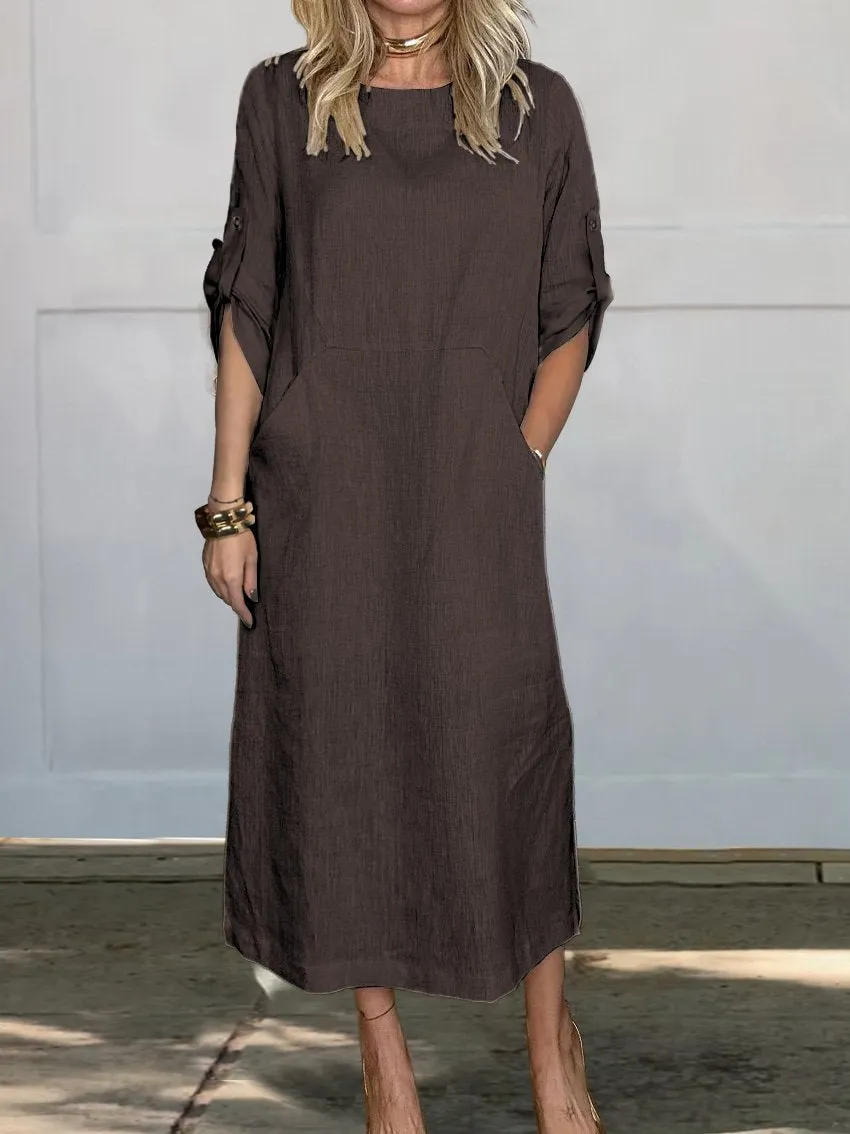 Cotton And Linen Pleated Pocket Casual Dress