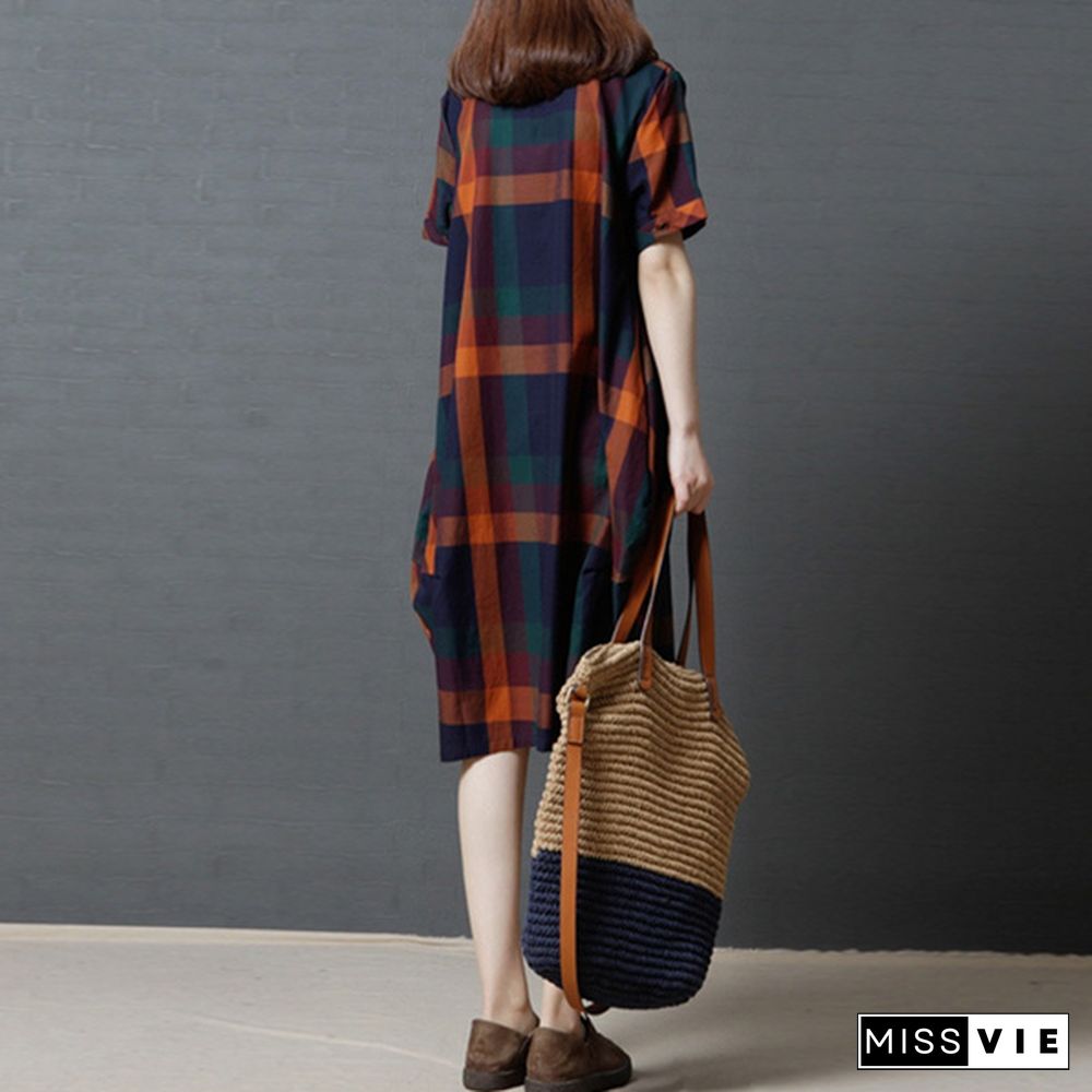 Women Vintage Loose Lapel Short Sleeve Check Plaid Loose Tunic Midi Dress Plus Holiday