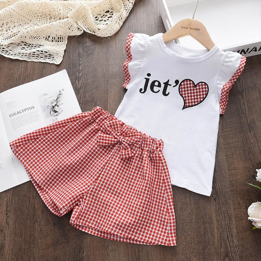 Bear Leader Baby Girl Clothes Suit 2022 New Summer Love Plaid Print Toddler Girl Clothes T-shirt Tops Waistband Pants Set 2-6Y