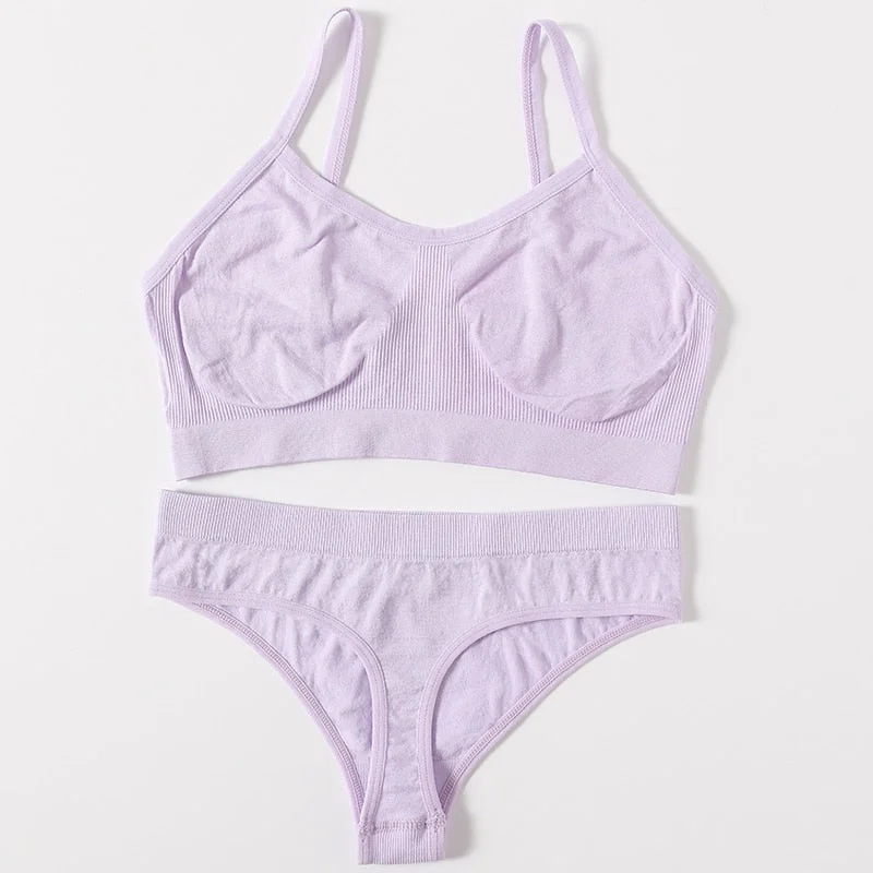 2PCS Women Bra Set Seamless Underwear Sexy Female Bralette Top Backless Bra Thong Panties No-Wired Brassiere Home Lingerie Set