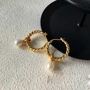 Gold Color Round Circle Twisted Hoop Earrings for Women  Fashion Pearl Pendant Dangle Earrings Temperament Jewelry Gift