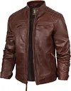 🛒Jaquetas masculinas de couro leg&iacute;timo de cordeiro da fjackets - jaqueta de couro acolchoada estilo motociclista (Cafe Racer), com z&iacute;per.