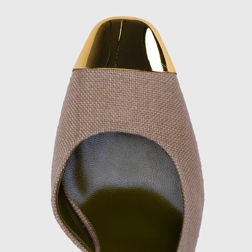 Taupe Canvas Chunky Heel Slingback Metal Square Toe Pumps Shoes