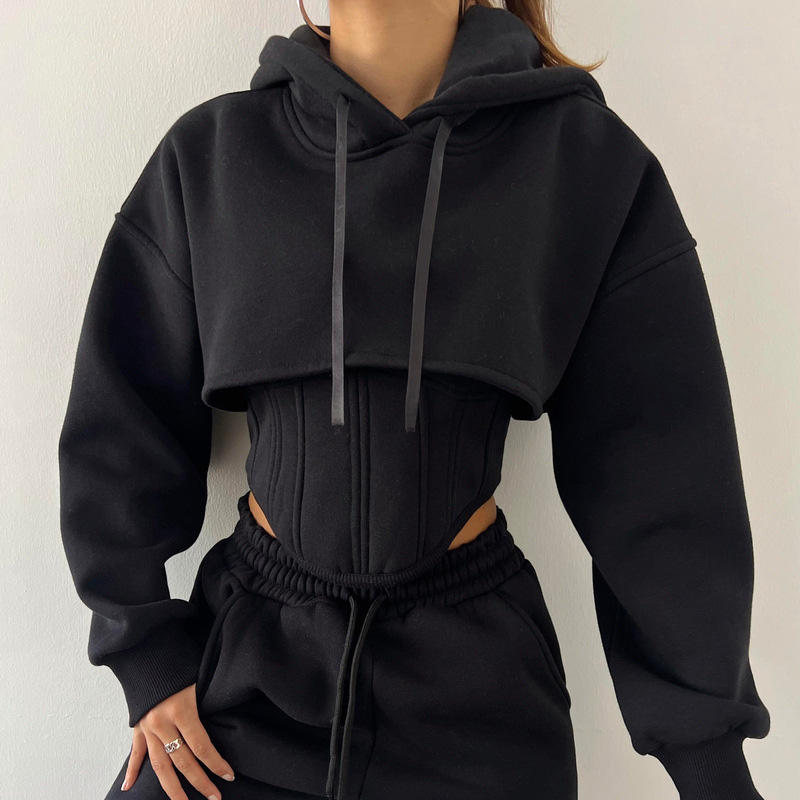 Drawstring Hooded Short Sweatshirt Drawstring Pants 3-Piece Set