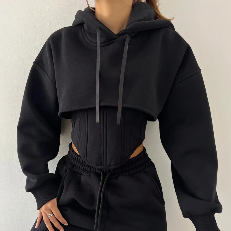 Drawstring Hooded Short Sweatshirt Drawstring Pants 3-Piece Set