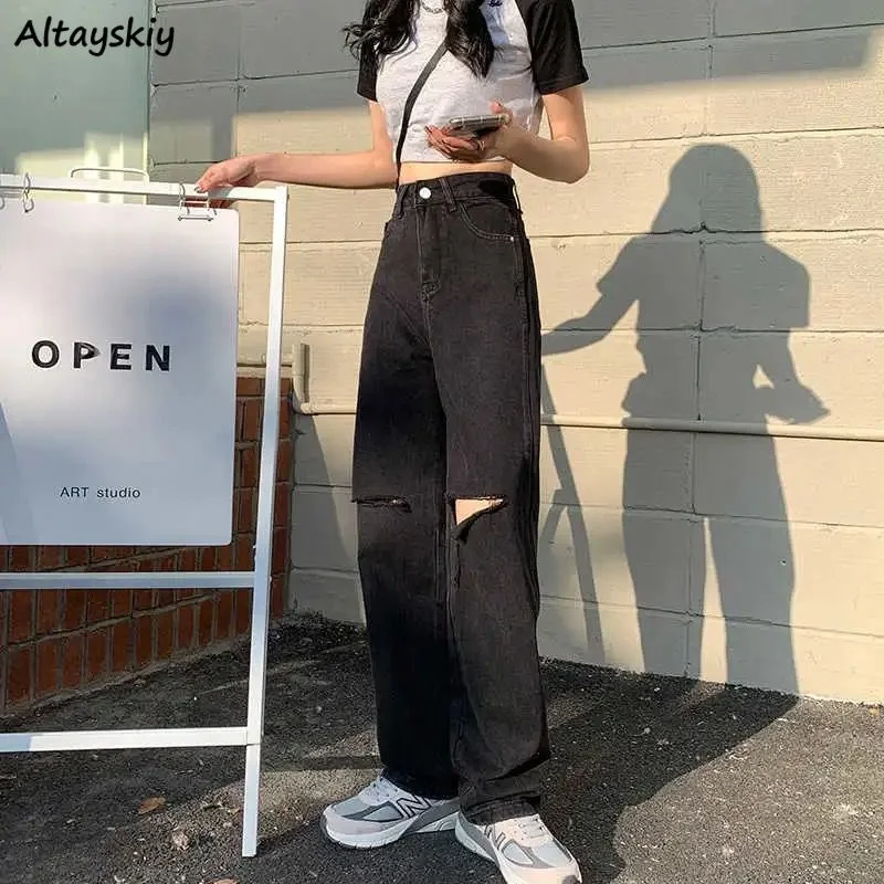 Jeans Women Hole Full Length Trousers Leisure All-match Trendy Wide Leg Sexy High Waist Retro Harajuku Vintage Daily Streetwear
