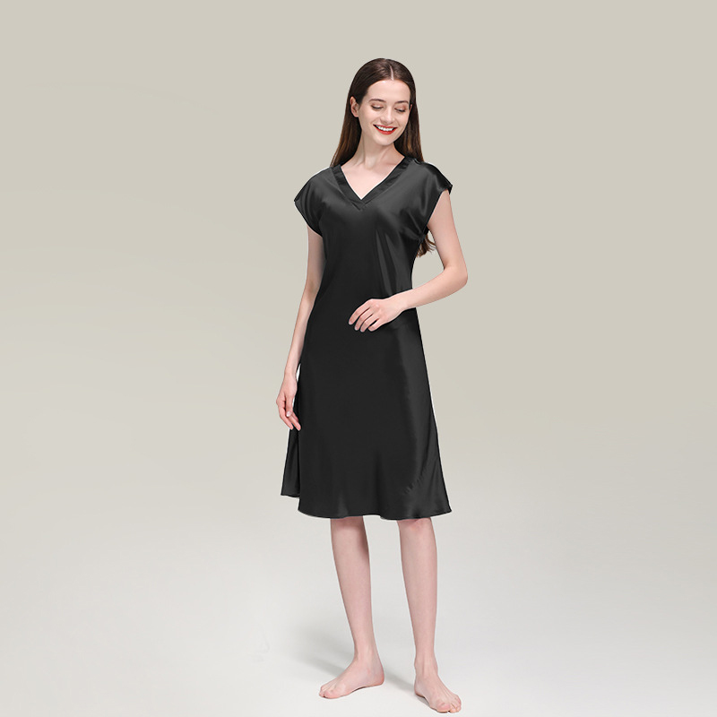 Midi V Neck Silk Nightgown With Cap Sleeves Black Silk Nightgown