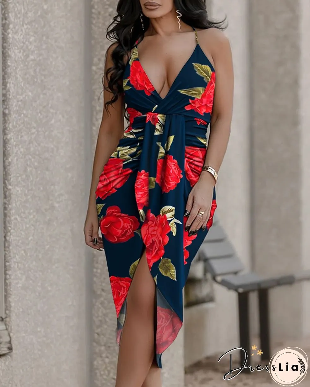 Floral Print Crisscross Backless Ruched Asymmetrical Dress