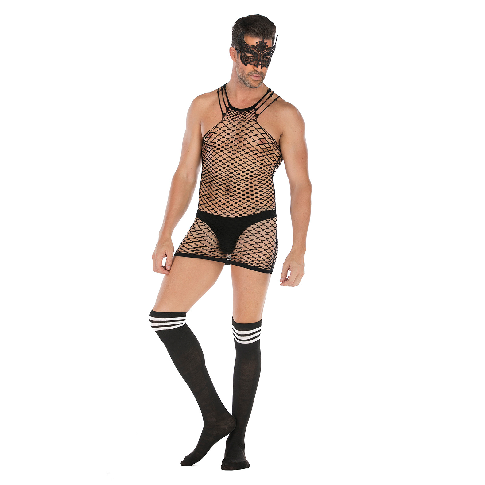 Lovingerie - Men's See-Through Fishnet Halter Bodysuit with Striped Stockings and Lace Mask Set