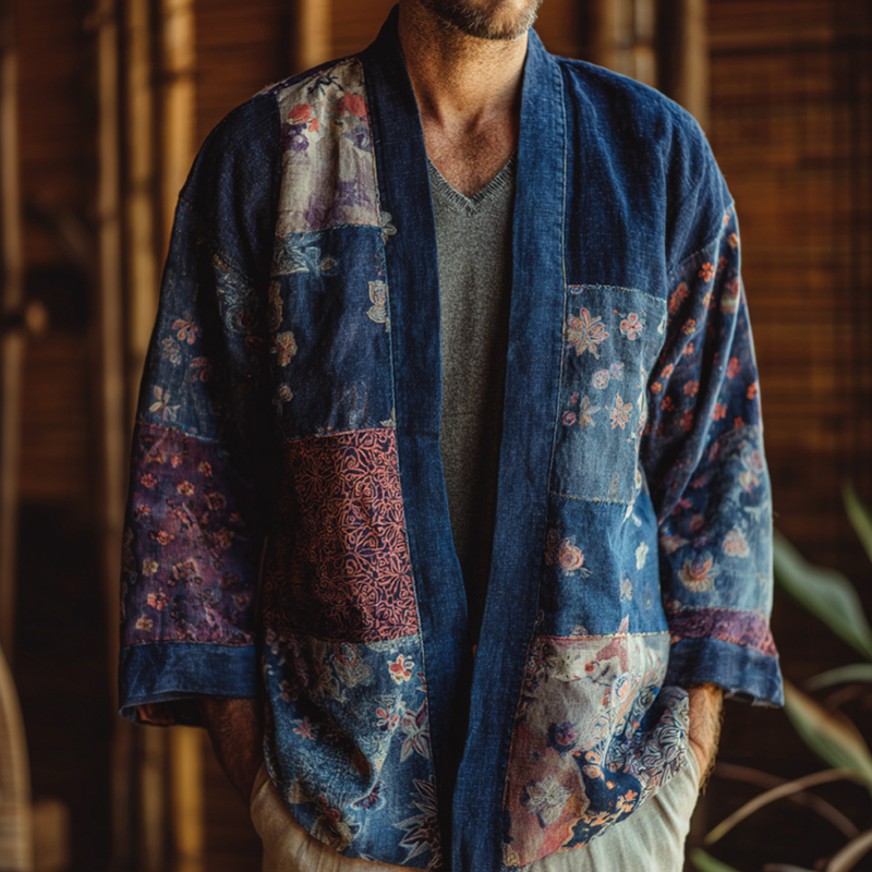 Vintage Japanese Traditional Sashiko Patchwork Art Print Cotton And Linen Blend Kimono Cardigan  artssus