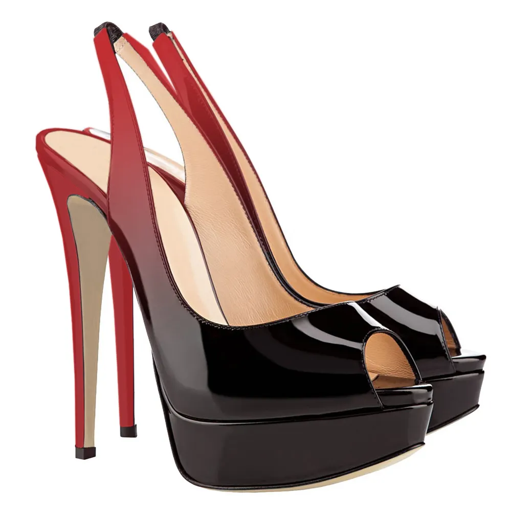 150mm Slingback Sandals Platforms Sky High Party Gradient Color Red Black Pumps-vocosishoes