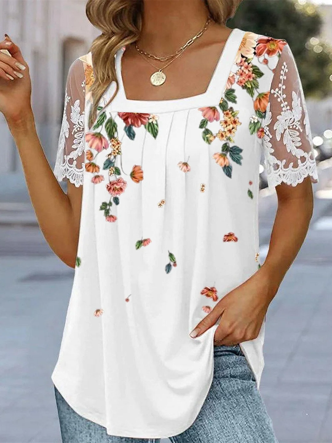 Women Short Sleeve U-neck Floral Printed Lace Tops