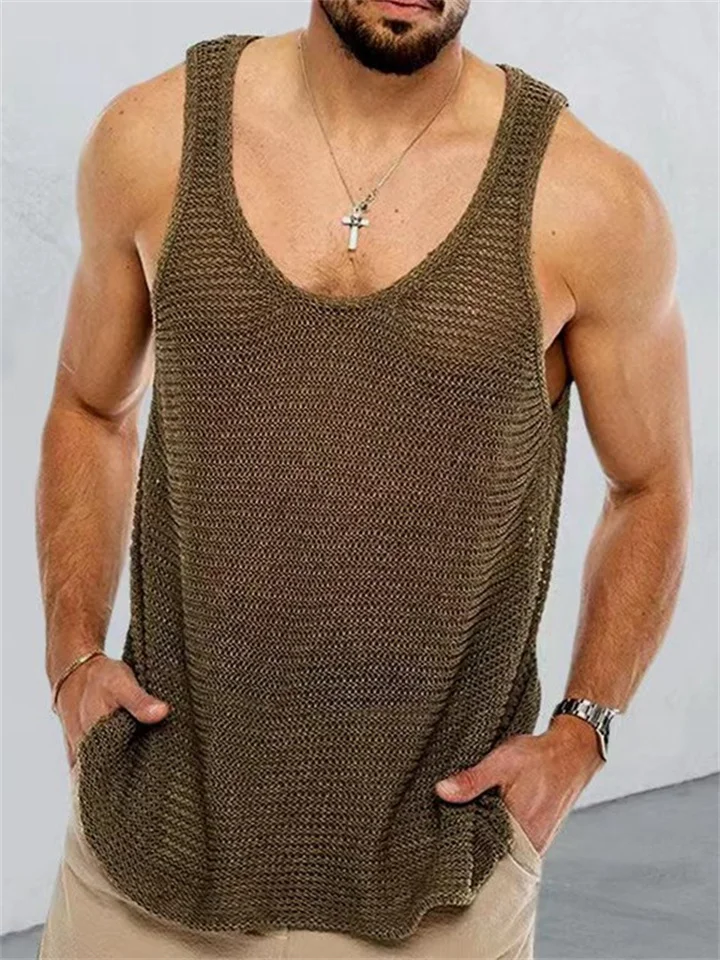 Summer Men's Solid Color Loose Sleeveless Knit Sweater Woolen Breathable Sports Vest Top-Cosfine
