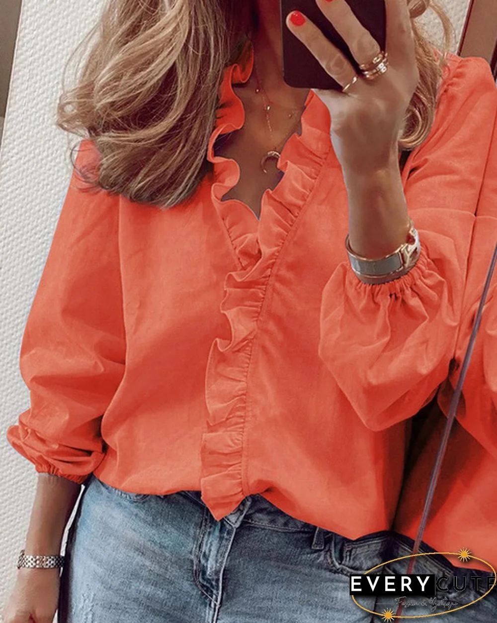 XS-8XL Spring Summer Tops Plus Size Fashion Clothes Women's Casual Long Sleeve Tops Loose T-shirts Deep V-neck Shirts Ladies Flare Tops Solid Color Chiffon Blouses