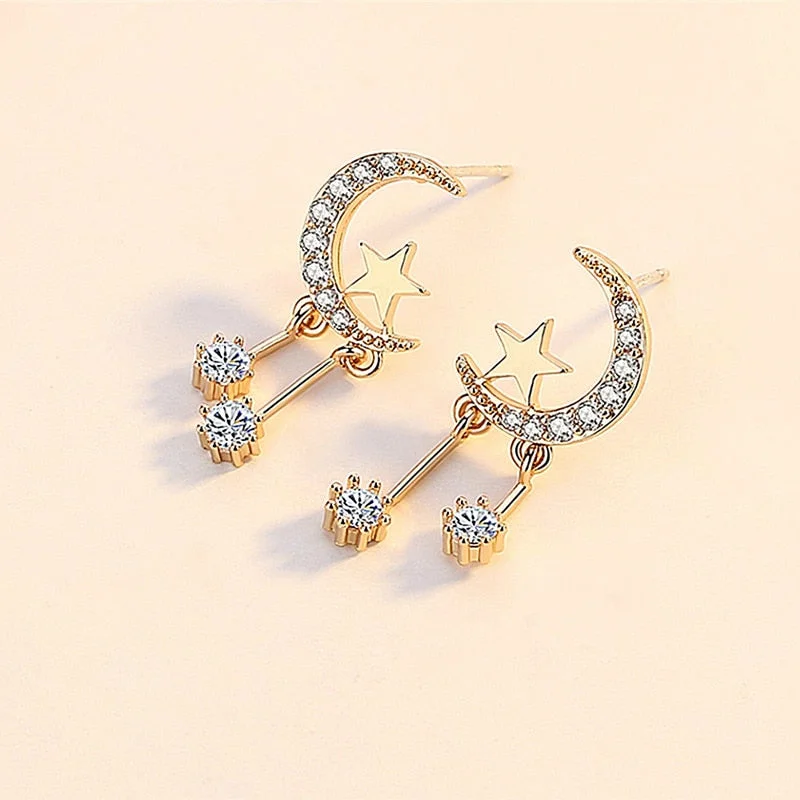 Huitan Cute Moon and Star Dangle Earrings for Women CZ Aesthetic Tassel Earrings Delicate Girls Gift Students Fashion Jewelry