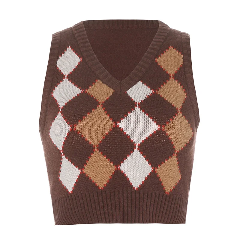 Zoki Argyle Women Sweater Vest Vintage Autumn Knit Pullover Cute Crop Jumper Short Sweater Streetwear Brown Top Dropshipping