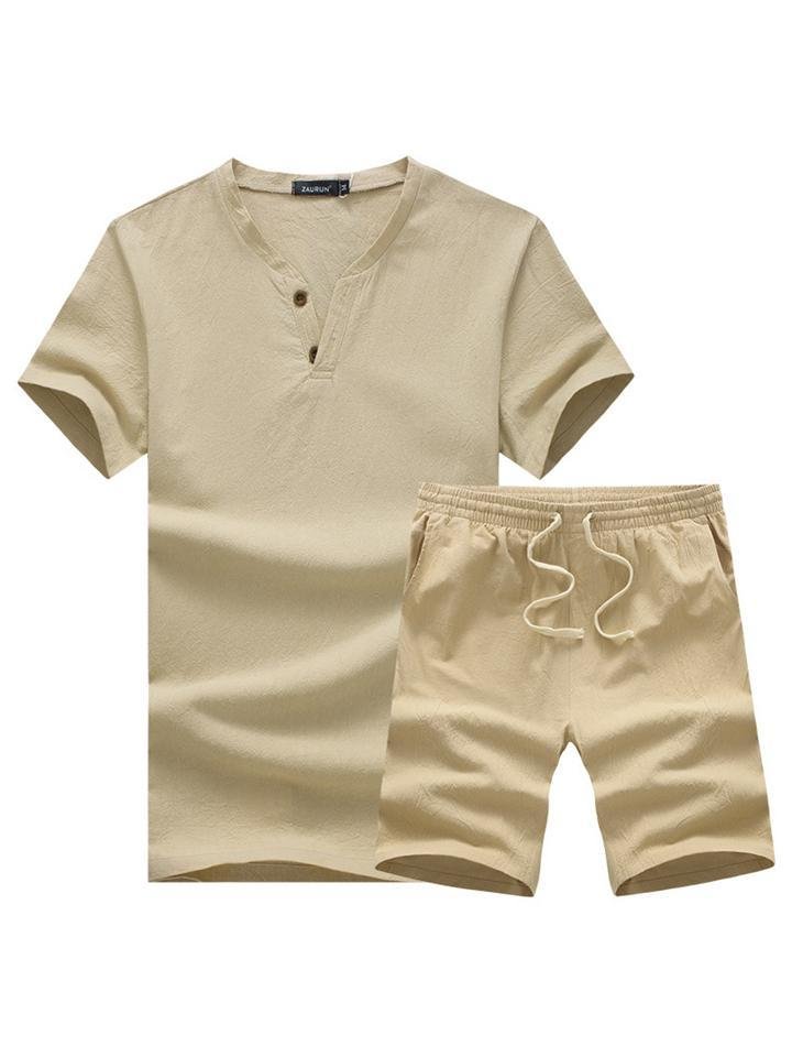 Plus-sized Solid Color Cotton Linen T-shirts+Shorts Sets For Men