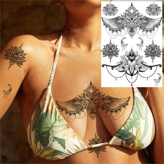 REJASKI Black Henna Lace Temporary Tattoos Sticker For WOmen Butterfly Moth Mehndi Flower Fake Tatoo Sticker Feather Flora Tatoo