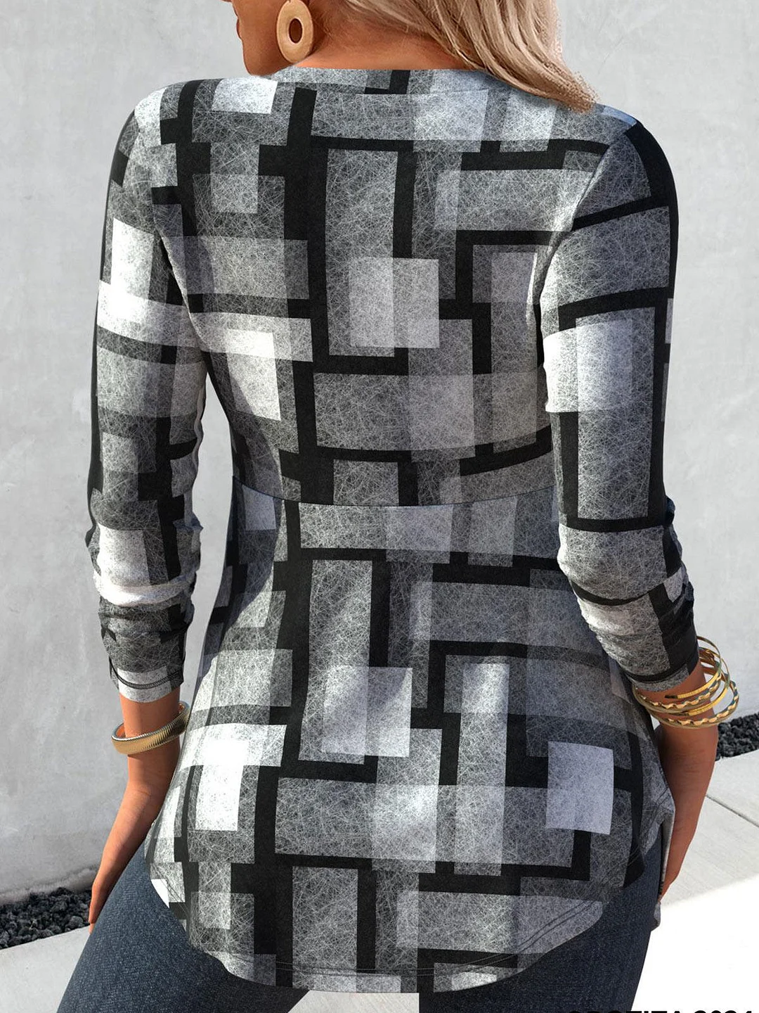 Women Long Sleeve V-neck Plaid Printed Graphic Button Fake 2in1 Tops