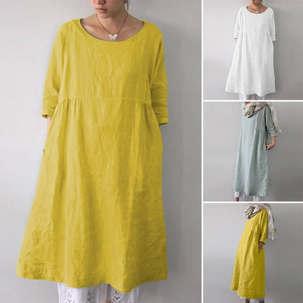 ZANZEA Women O-Neck 3/4 Sleeve Solid Color Loose Shirt Dress Kaftan Dress Plus Size S-5XL