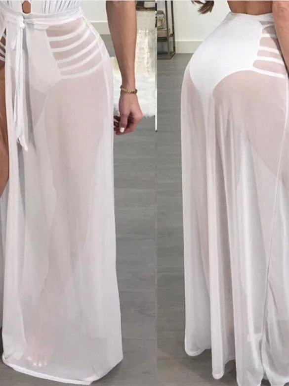 Brownm Women High Waist Mesh Skirts Empire See Through Sheer Side Split Skirt Solid Transparent Chiffon Maxi Long Skirt Summer 2023